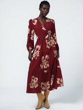 Aveloria Modichic Long Sleeve Women's Dress With Floral Print On Red Background, French Encore Design, Cinched Waist Waist Tea Length